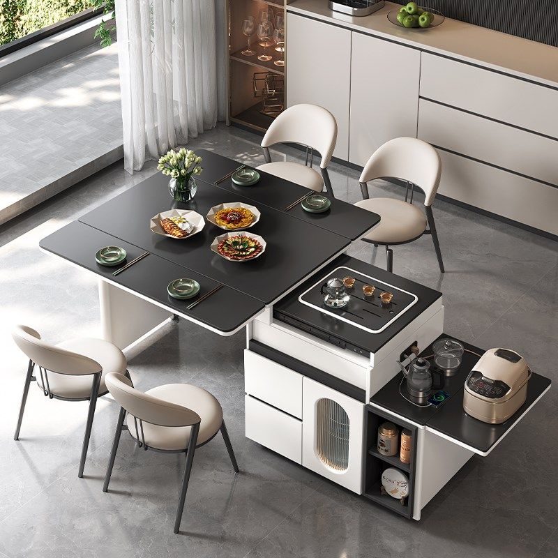 小户型可移动伸缩折叠饭桌家用岩板餐桌椅M组合岛台餐茶桌一体边