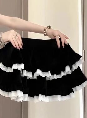 芭蕾风黑色丝绒短裙女秋冬新款设计感小众蛋糕裙辣妹绝美半身裙裤