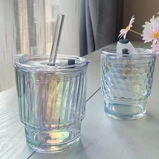 炫彩防漏玻璃水杯大容量颜值透明咖啡杯女高耐热家用有盖ins吸管