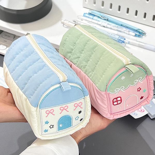 收纳袋笔袋粉色文具盒女ins风文具袋小房子蓝色高可爱大容量颜值