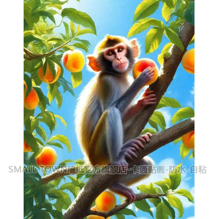 桃树上猴子海报贴画墙贴门贴车贴冰箱贴家居墙上装饰画防水自粘贴