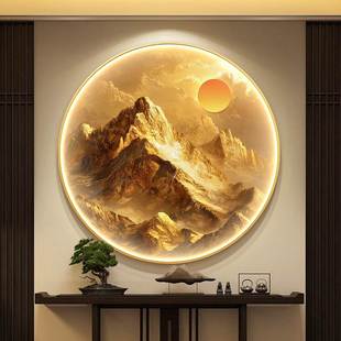 背靠金山圆形玄关装饰画轻奢肌理山水走廊挂画日出东方入户壁画灯
