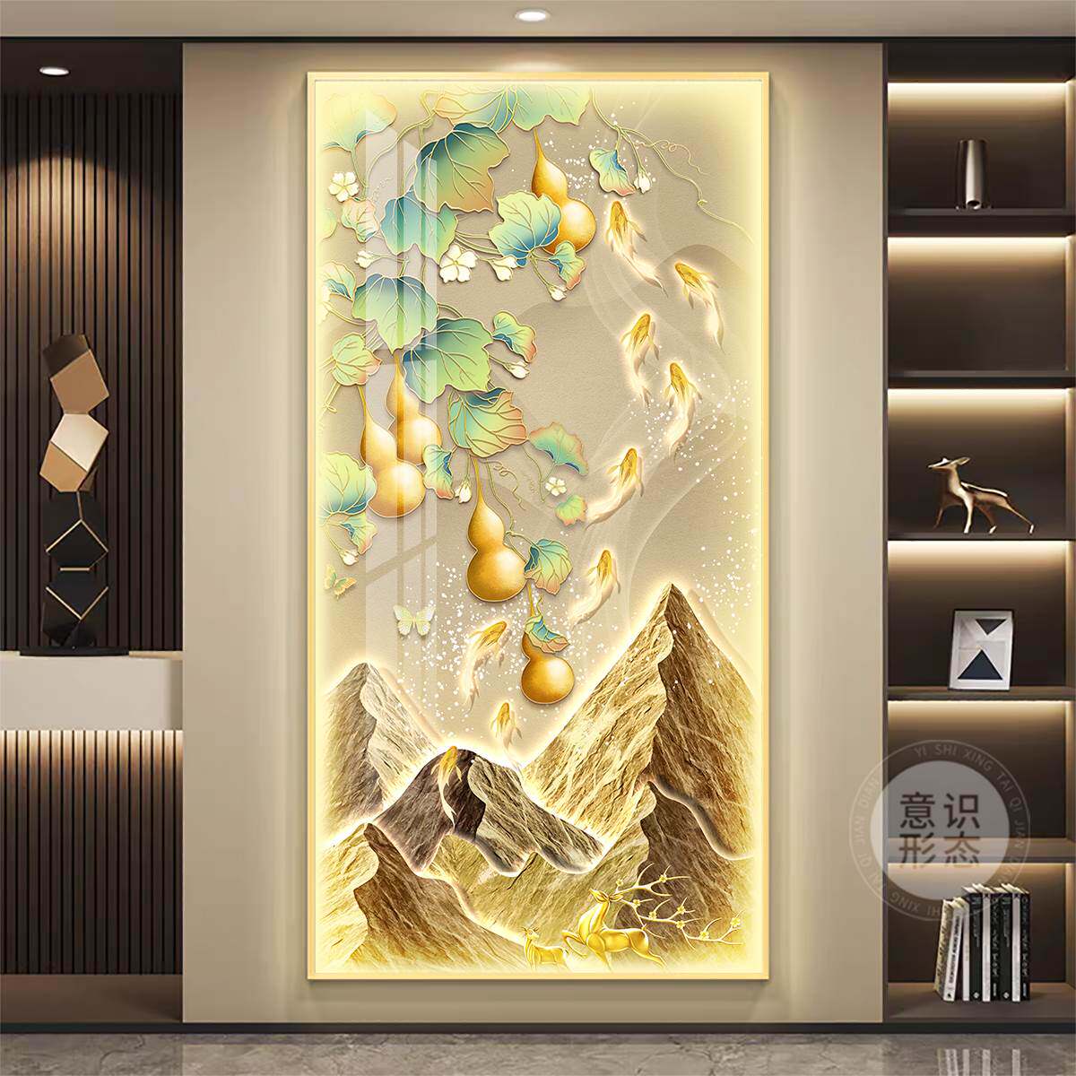 葫芦入户玄关装饰画九鱼图走廊过道挂画led带灯现代高级感壁灯画
