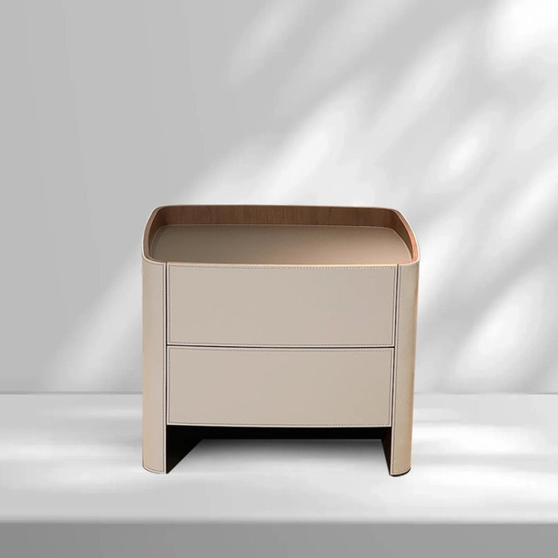 意式极简马鞍皮床头柜现代轻奢床边柜胡桃色卧室实木斗柜计师款