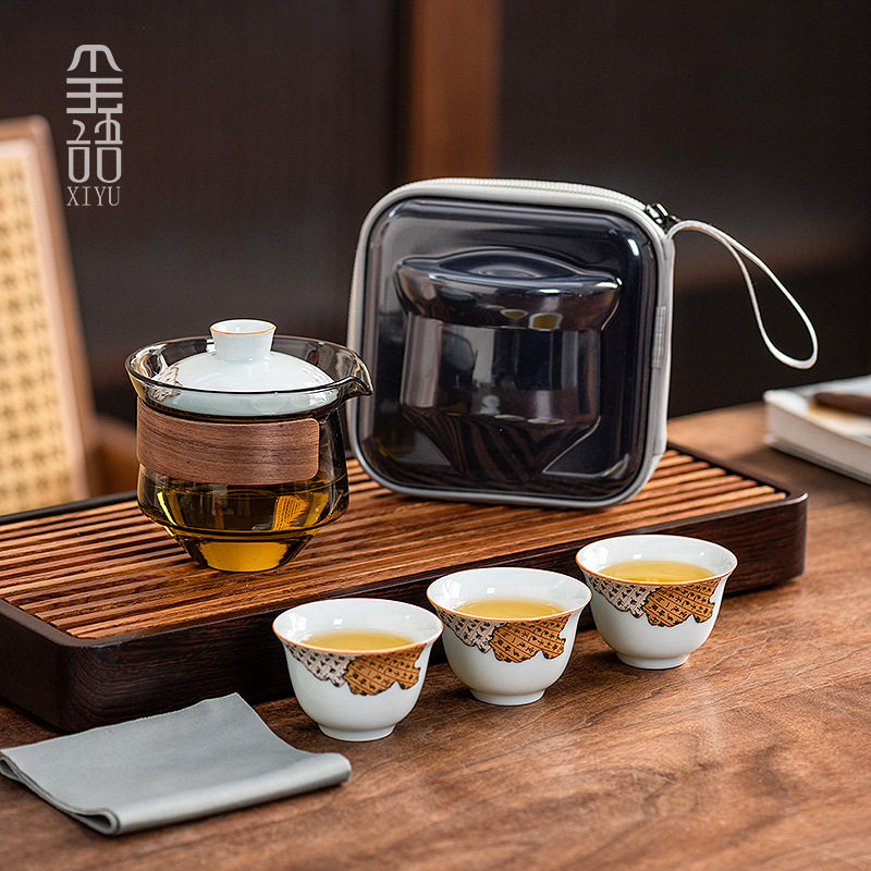2024新款青瓷旅行茶具套装户外便携式收纳包陶瓷快客杯泡茶壶刻印
