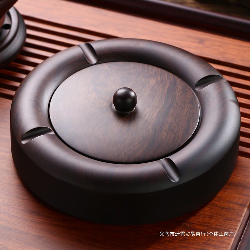 中式黑檀实木烟灰缸带盖大号创意个性潮流家用客厅防飞灰定 制复