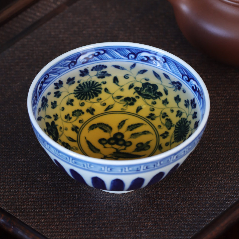 记石柴窑 手绘青花宝相缠枝鸡心杯仿古喝茶杯手工主人杯单杯茶盏