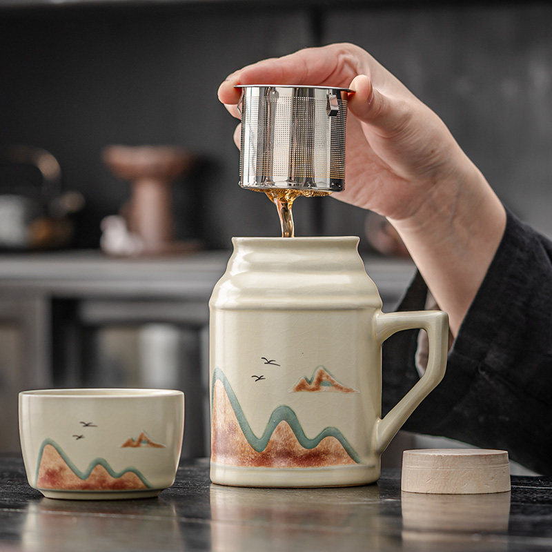 汝窑小暖壶泡茶杯个人带过滤大容量水杯马克杯带盖创意办公杯