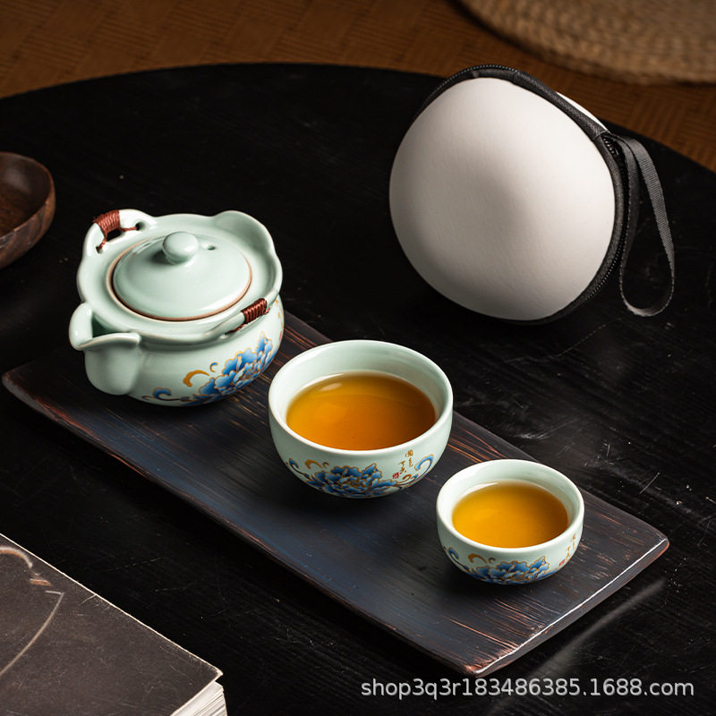 新款旅行茶具套装单人户外便携式快客杯一壶二杯牡丹花泡茶壶茶杯