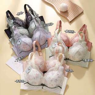 无磁无钢圈内衣女小胸显大聚拢上托碎花蕾丝胸罩收副乳调整型文胸