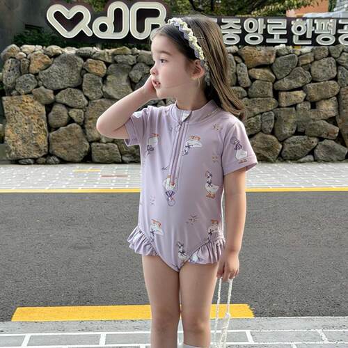 儿童泳衣女款连体中小童时尚可爱印花小女孩温泉度假泳衣专业
