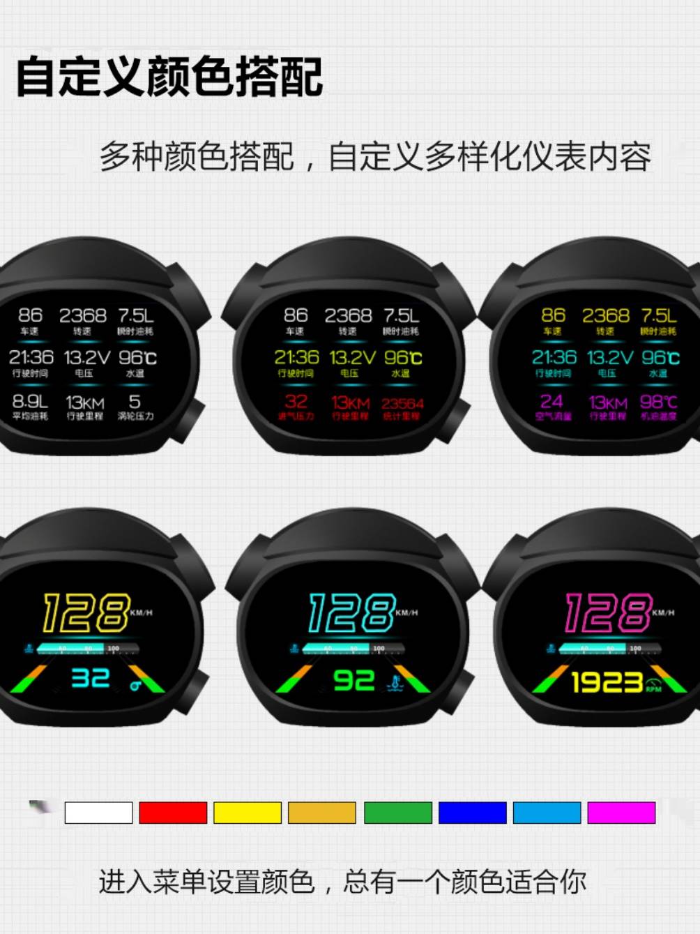 OBD汽车水温表改装通用多功能液晶仪表车速表转速表油耗表监测