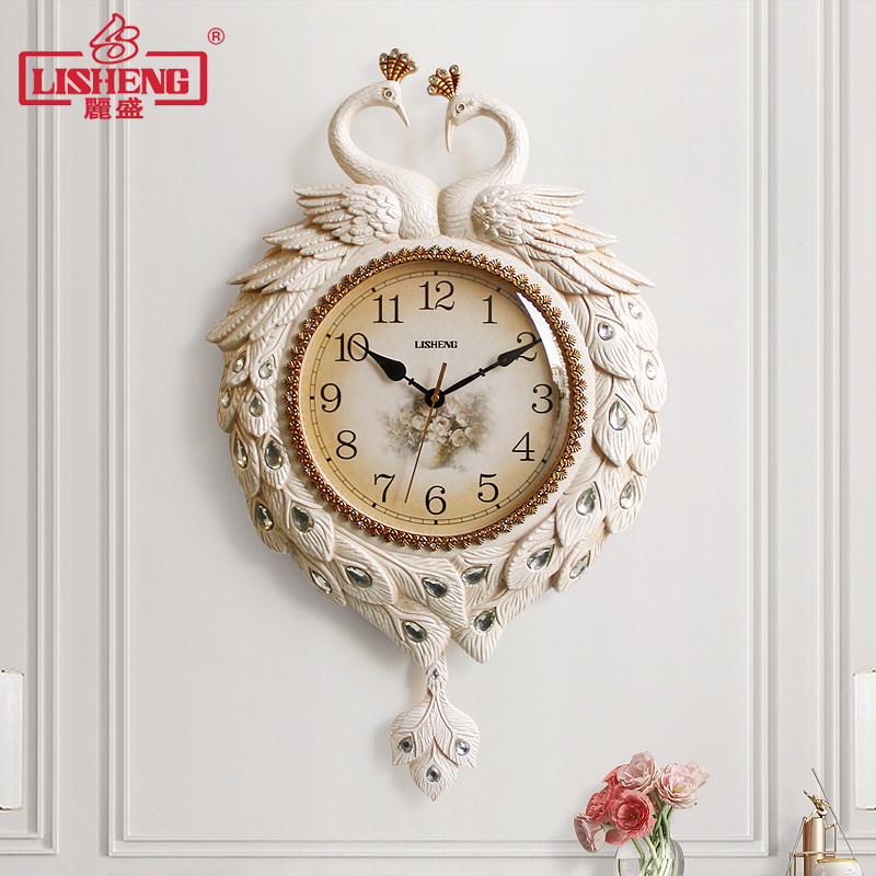丽盛欧式孔雀挂钟静音客厅大气挂表卧室摆钟家用时尚时钟石英钟表