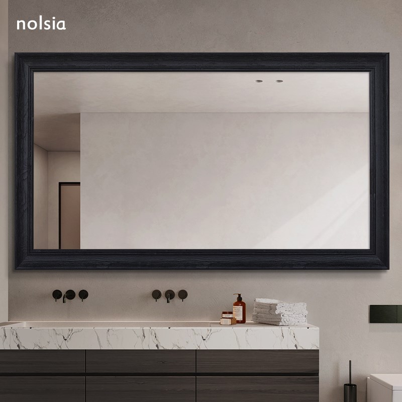 侘寂风浴室镜复古实木餐边柜装饰镜子厕所化妆镜挂墙卫生间梳妆镜