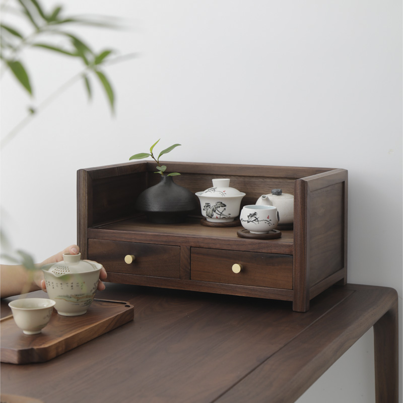 黑胡桃木茶杯架子茶具收纳架实木桌面茶叶收纳柜R带抽屉小型置物