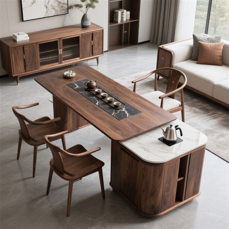 新中式定制黑胡桃木茶台实木设计高级实木办公室书房茶室茶桌岩板