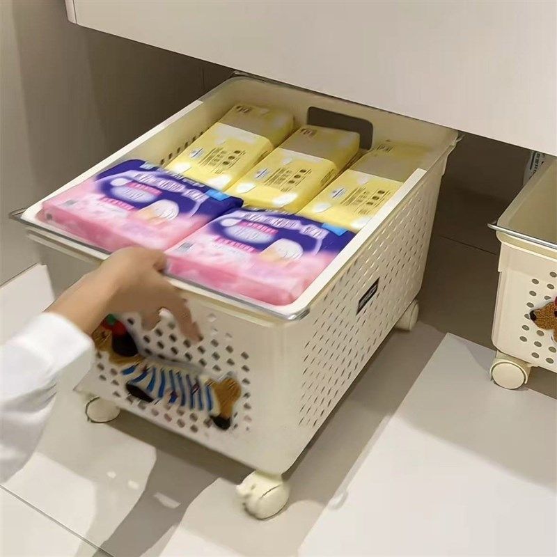 腊肠狗移动收纳筐带轮大容量家用洗手台整理筐多功能洗脸巾储物篮