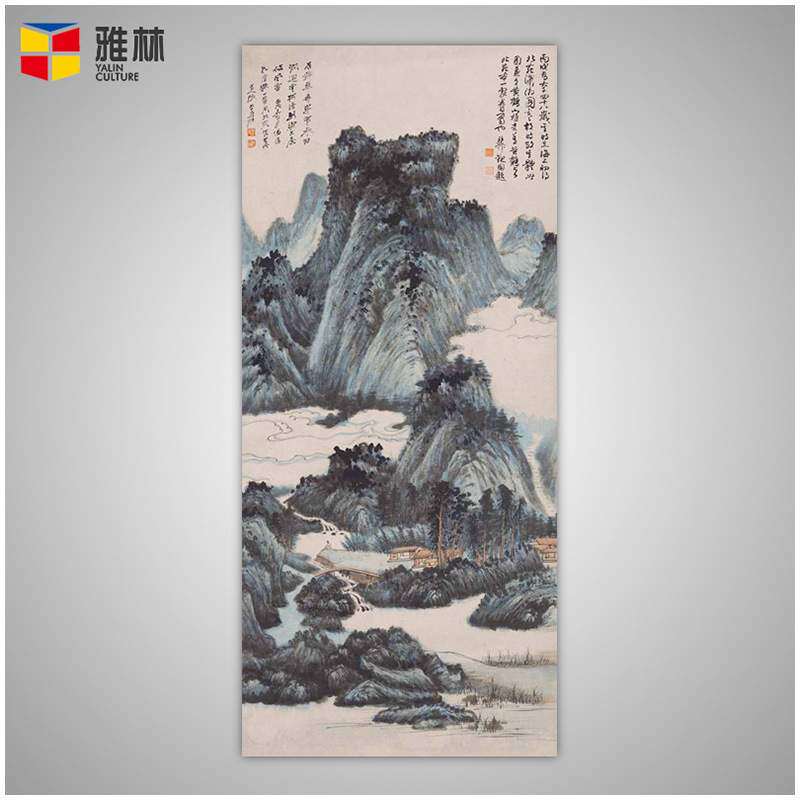 新中式玄关装饰画张大千山水画芯客厅竖版无框画名家字画卷轴