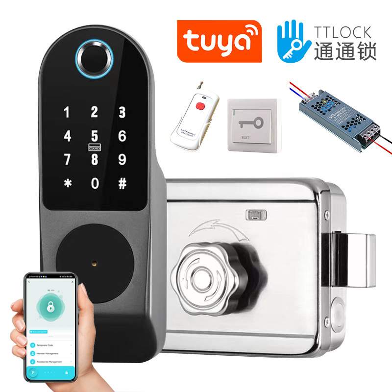外装老式铁门指纹锁双面牛头智能锁通通锁APP8国语言
