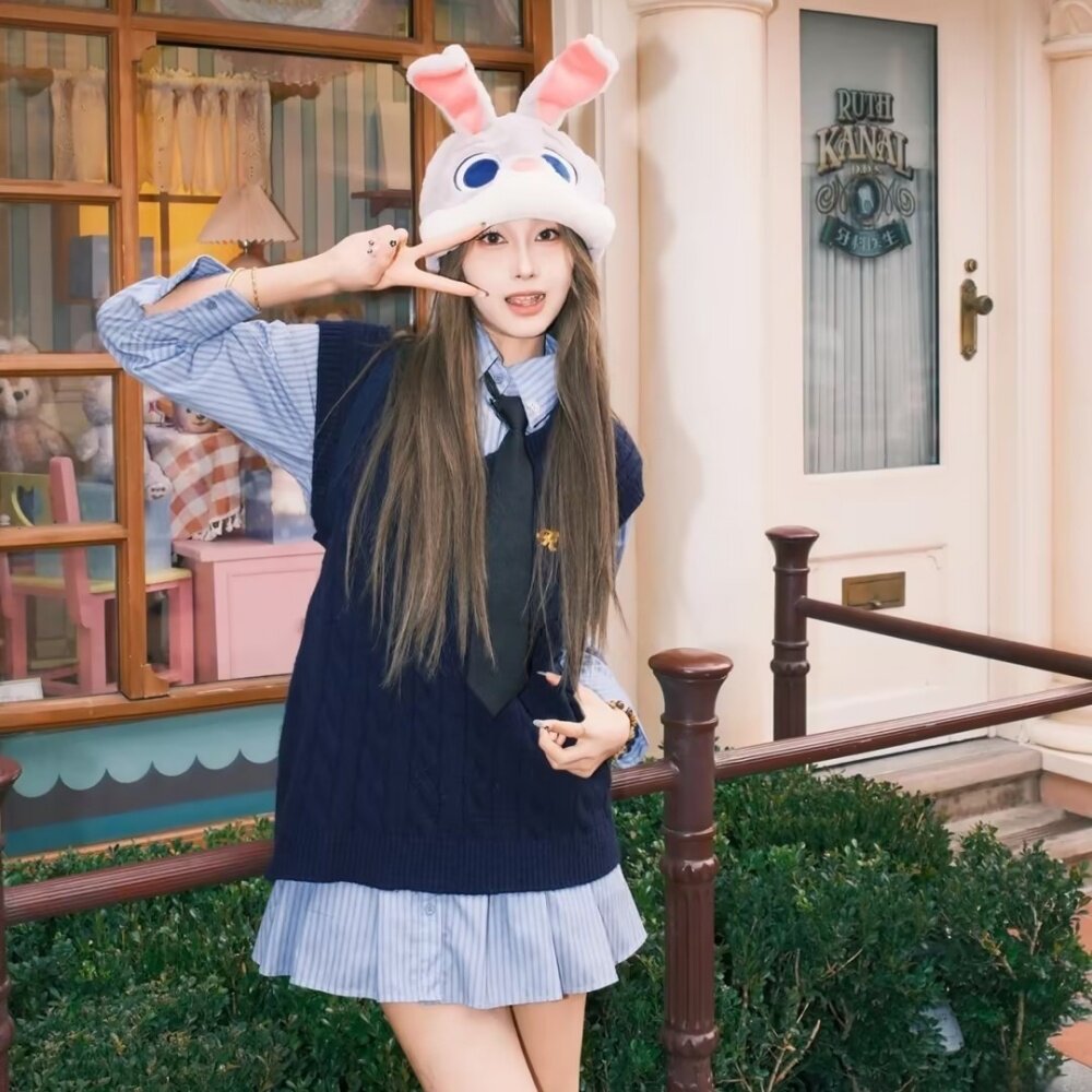 迪士尼穿搭毛衣服朱迪兔子警官百褶裙套装成人秋冬季圣诞节学院风