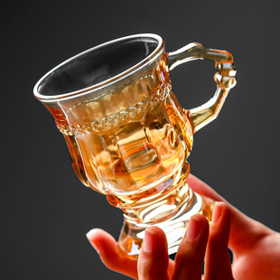 ins复古欧式水杯茶杯家用奶茶杯琥珀色玻璃杯带把手酒杯咖啡杯子