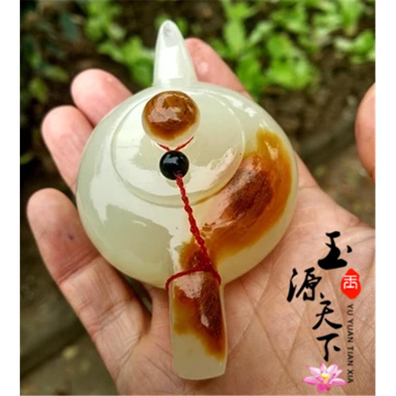正品天然阿富汗青白玉把把胡茶壶小摆件 玉石玩件手把件茶具茶壶
