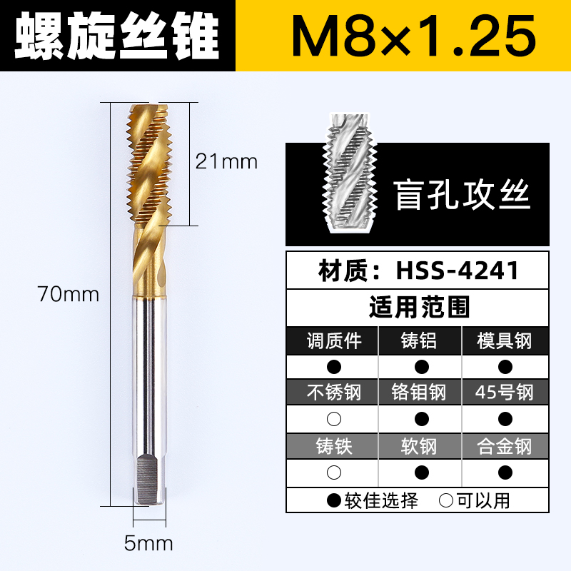 沪豪镀汰机用丝锥M8M1v0不锈钢攻牙钻头螺旋先端直槽丝锥丝攻