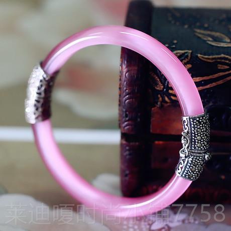 高档送镯女友银手镯95纯银猫眼石手镯女七夕2礼水晶复古泰银妈物
