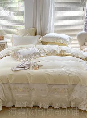 正品园风100黄支绒棉纯棉四件田套韩式清新荷叶绿色被套床上用长