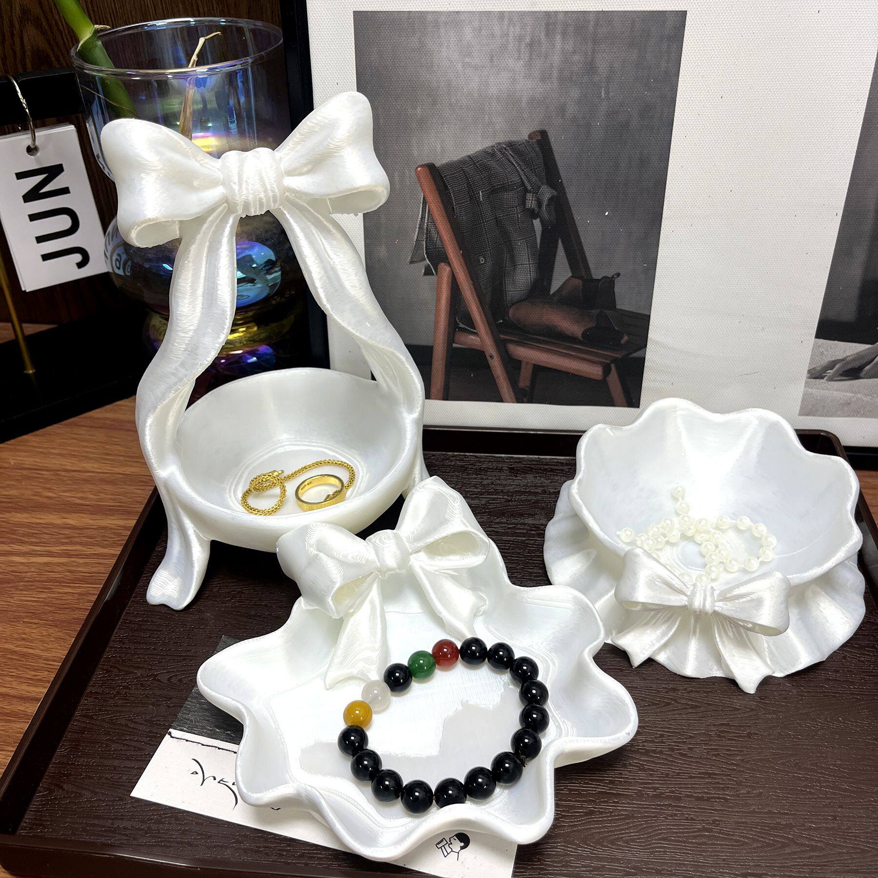 少女风家居装饰收纳盒后现代轻奢三d打印蝴蝶结饰品收纳盘摆件