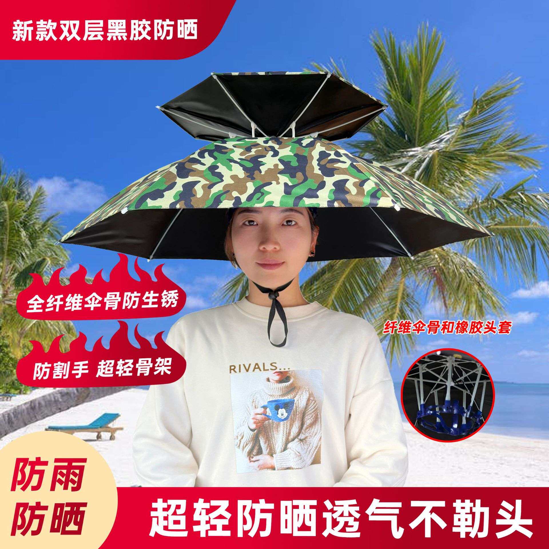 新款伞帽双层头戴式头顶帽伞遮阳防晒防雨折叠户外大号钓鱼伞