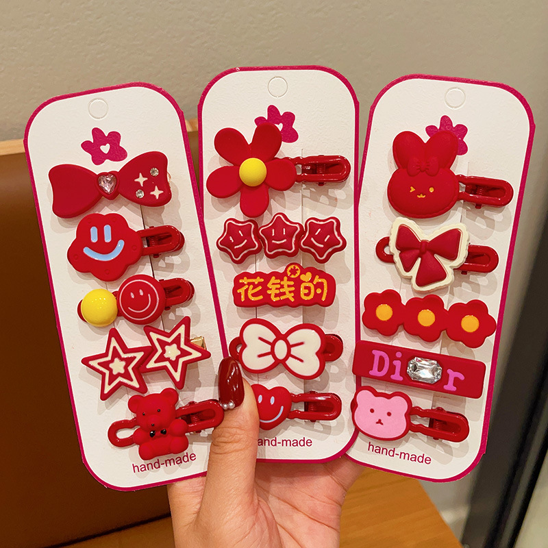 新年儿童发夹宝宝拜年刘海碎发夹子红色头饰小女孩喜庆卡通侧边夹