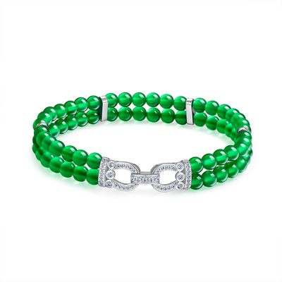 AILEQ 925银镶天然玉髓满绿双环小米珠手链时尚珠宝欧若风手串K10