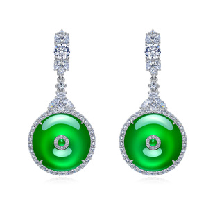 AILEQ 925银镶天然玉髓满绿月圆平安扣耳环欧若风耳饰时尚珠宝K10