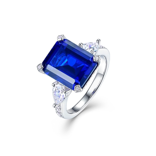 AILEQ 设计蓝色幻想 925银戒指镶合成宝石皇家蓝色宝戒指方切经典