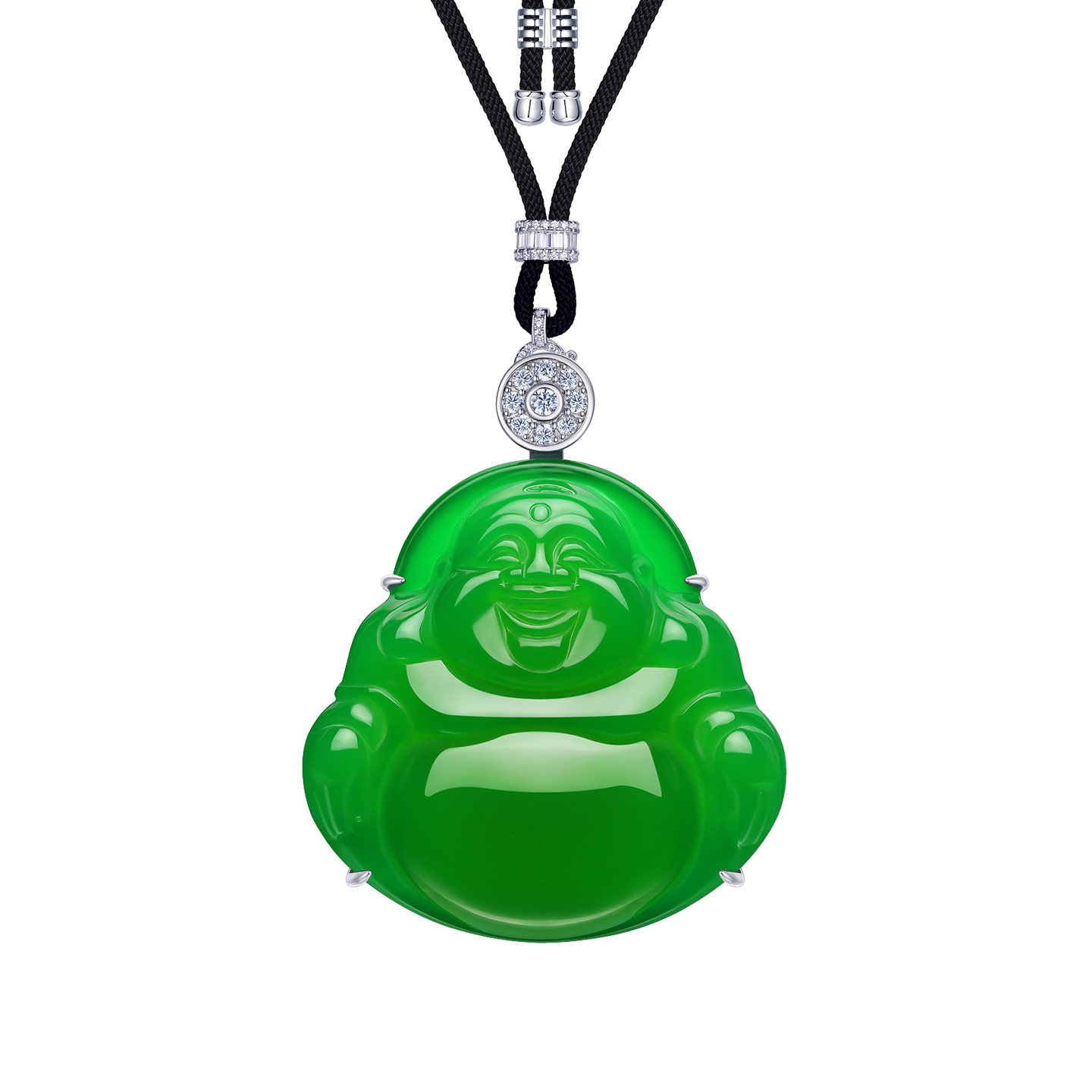 AILEQ银925镶天然玉髓满绿超大号弥勒佛公吊坠珠宝饰品项链年