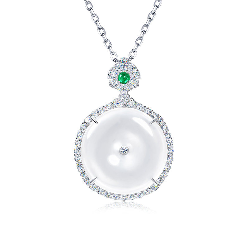 AILEQ天然高冰种玉石平安扣纯银石英白冰吊坠男女项链媲美翡翠K10