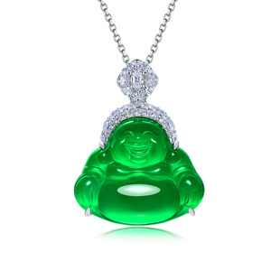 AILEQ 珠宝欧若风吊坠K10 925银镶天然玉髓满绿钻饰笑佛公项链时尚