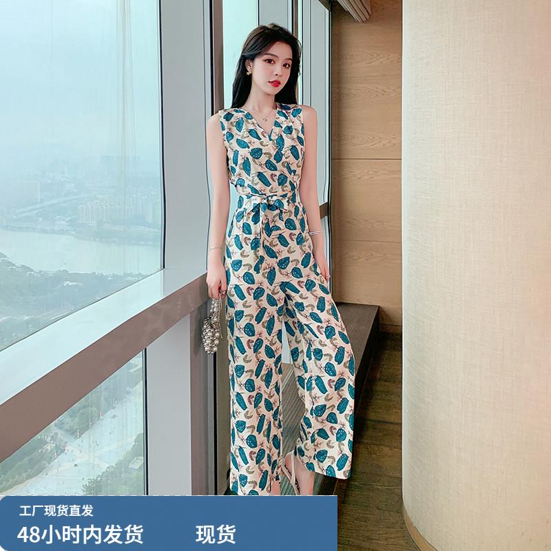 高级感连体裤女夏季薄款时尚雪纺印花无袖v领高腰连衣阔腿裤套装
