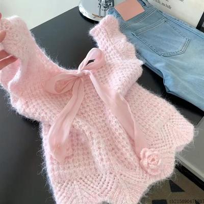 这样穿真的好韩粉嫩少女心蝴蝶结毛衣马甲秋冬季内外叠穿小上衣