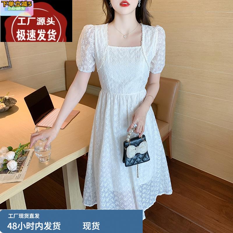广州十三行女装爆款连衣裙2025年夏季新款时尚甜美蕾丝绣花中长裙