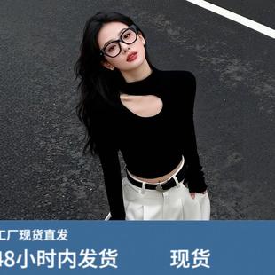 黑色镂空半高领加绒打底衫女秋冬高级感辣妹紧身短款上衣内搭t恤