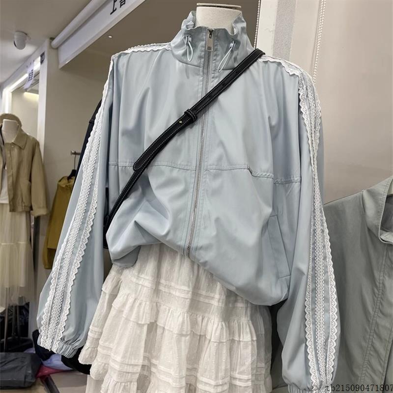 冲锋衣女2025春季新款韩版流行小个子蕾丝拼接立领宽松休闲短外套