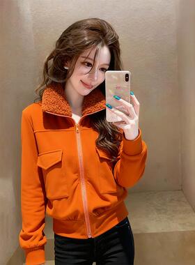 今年流行橙色翻领拉链工装外套女秋冬新款时髦加厚保暖长袖上衣服