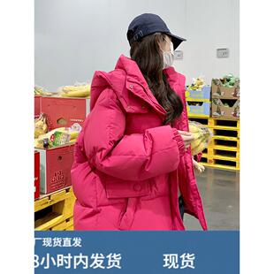 爆款玫红色短款羽绒服女冬季2025新款韩版宽松90白鸭绒多巴胺外套