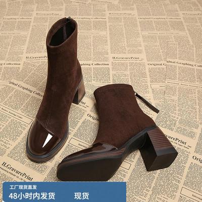 真皮高跟短靴女2025春秋季新款瘦瘦女靴早秋洋气爆款绒面马丁靴子