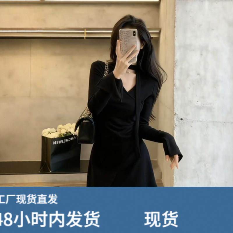 法式设计感V领开叉长袖连衣裙女秋季新款掐腰修身显瘦不规则短裙,运动/瑜伽/健身/球迷用品,瑜伽短裙,淘宝优惠券,粉丝福利购,淘宝优惠卷