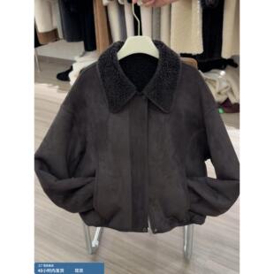 加绒加厚羊羔毛外套女2025冬季深灰色翻领小个子短款皮毛一体上衣