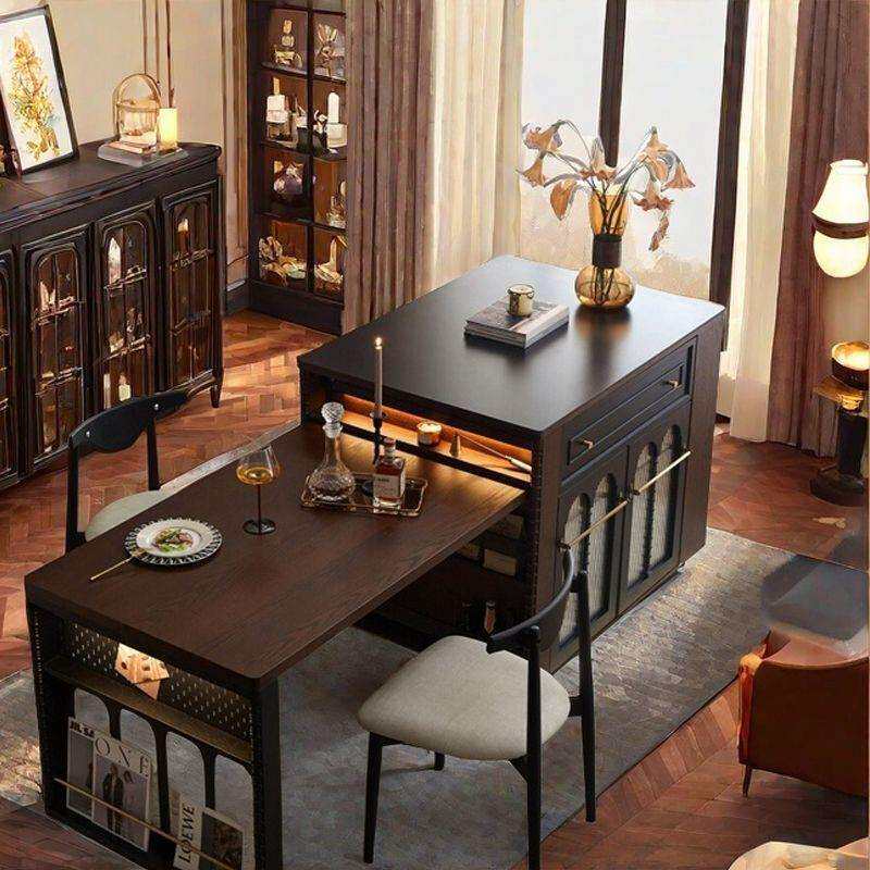 法式轻奢复古实木岛台餐桌收纳一体多功能家用小户型可伸缩吧台桌