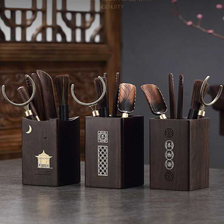 黑檀木茶道六君子套装泡茶工具茶勺夹刀茶筒收纳配件茶杯叉养壶笔